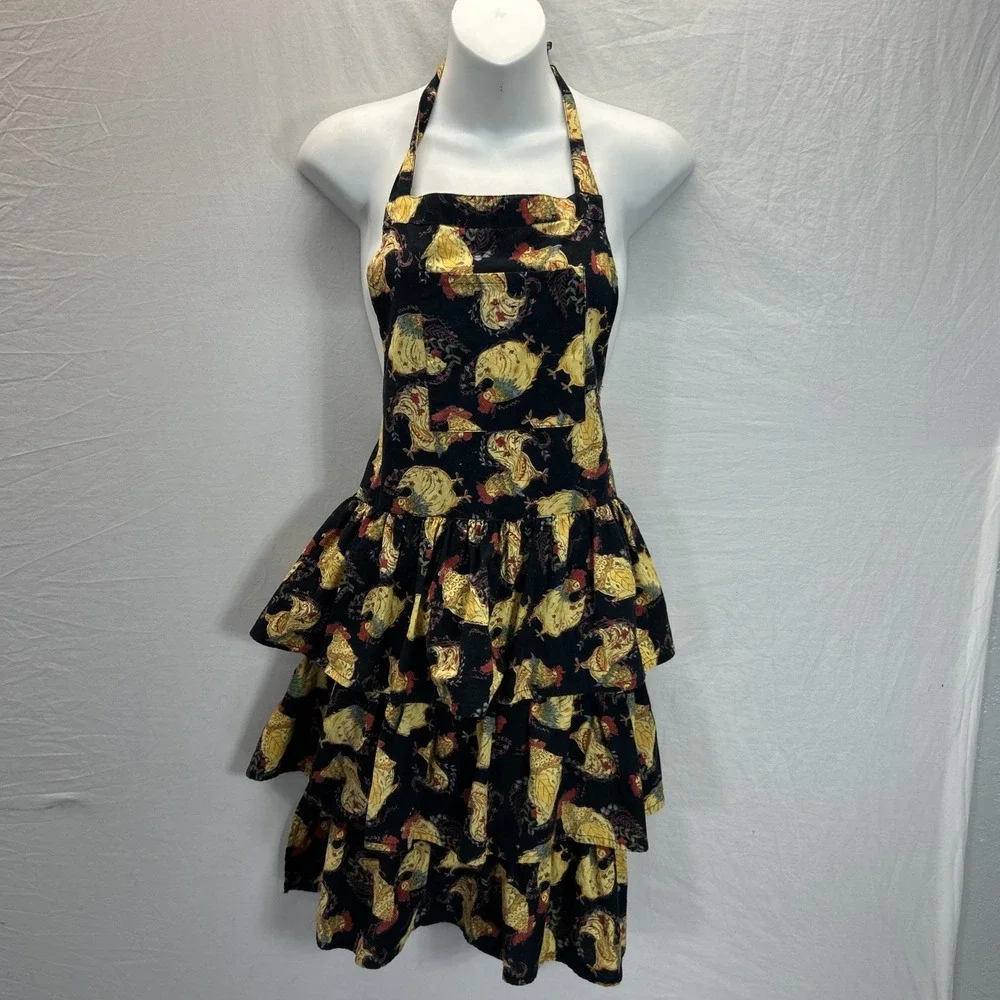 April Cornell Tiered Ruffle Chicken Rooster Print Kitchen Apron One Size‎ Cotton